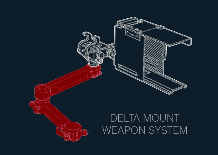 Technical blueprint of a Delta Mount Weapon System with highlighted red arm components.