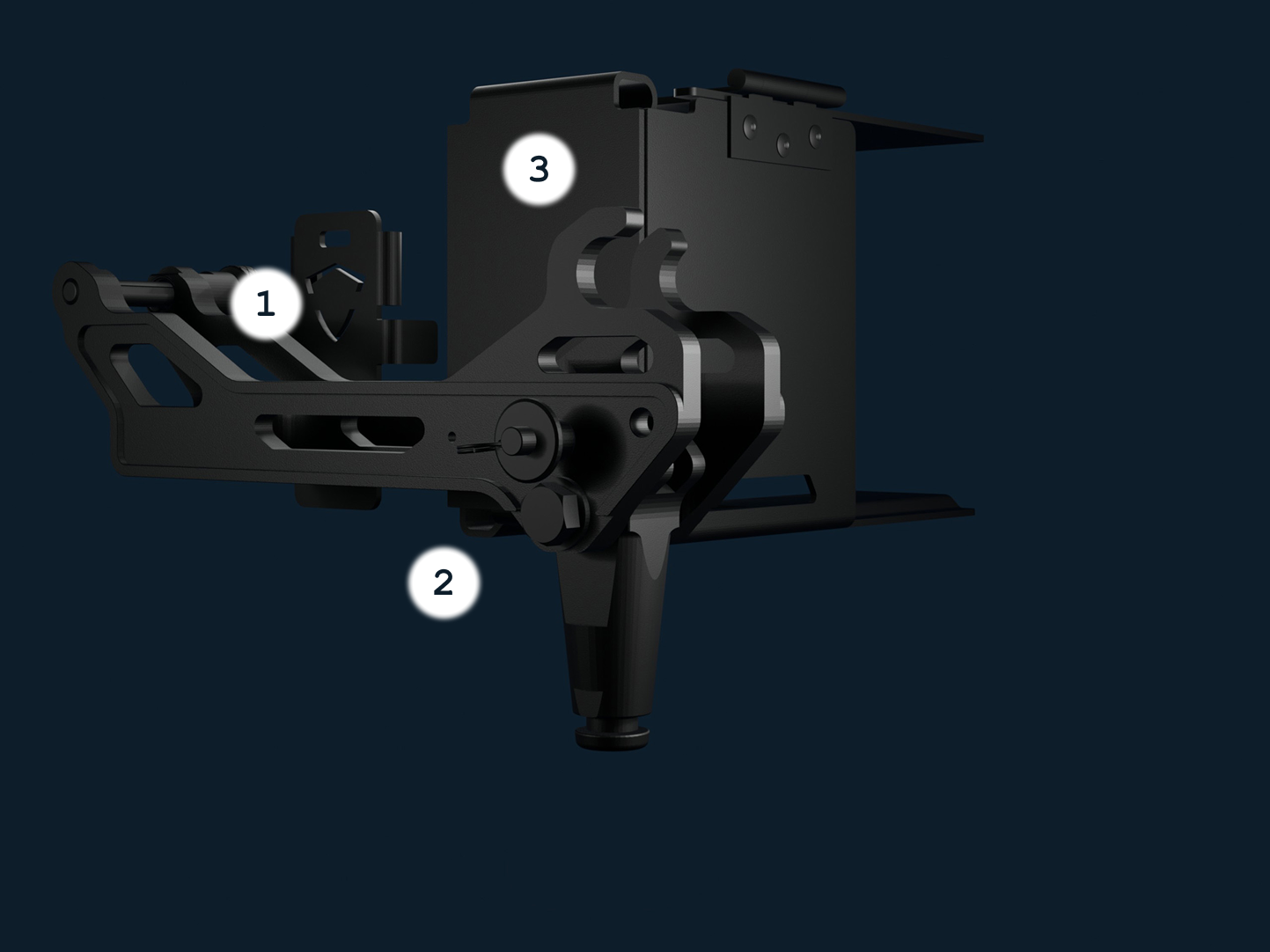 A delta cradle with numbered labels on a dark background, showing a complex structure with various interconnected parts.