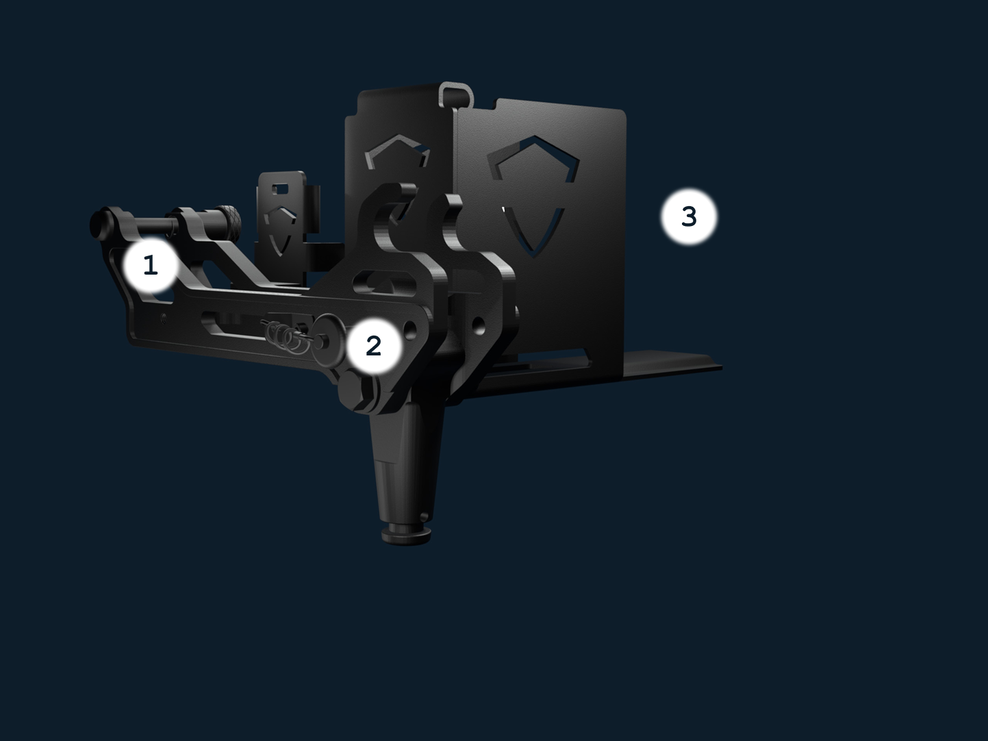 A shadow cradle with multiple interconnected parts, labeled 1, 2, and 3, mounted on a dark background.