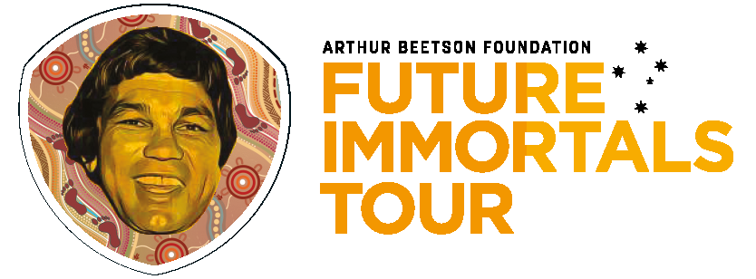 Illustration of a smiling man's face with the text "Arthur Beetsom Foundation Future Immortals Tour" and decorative stars around the words.