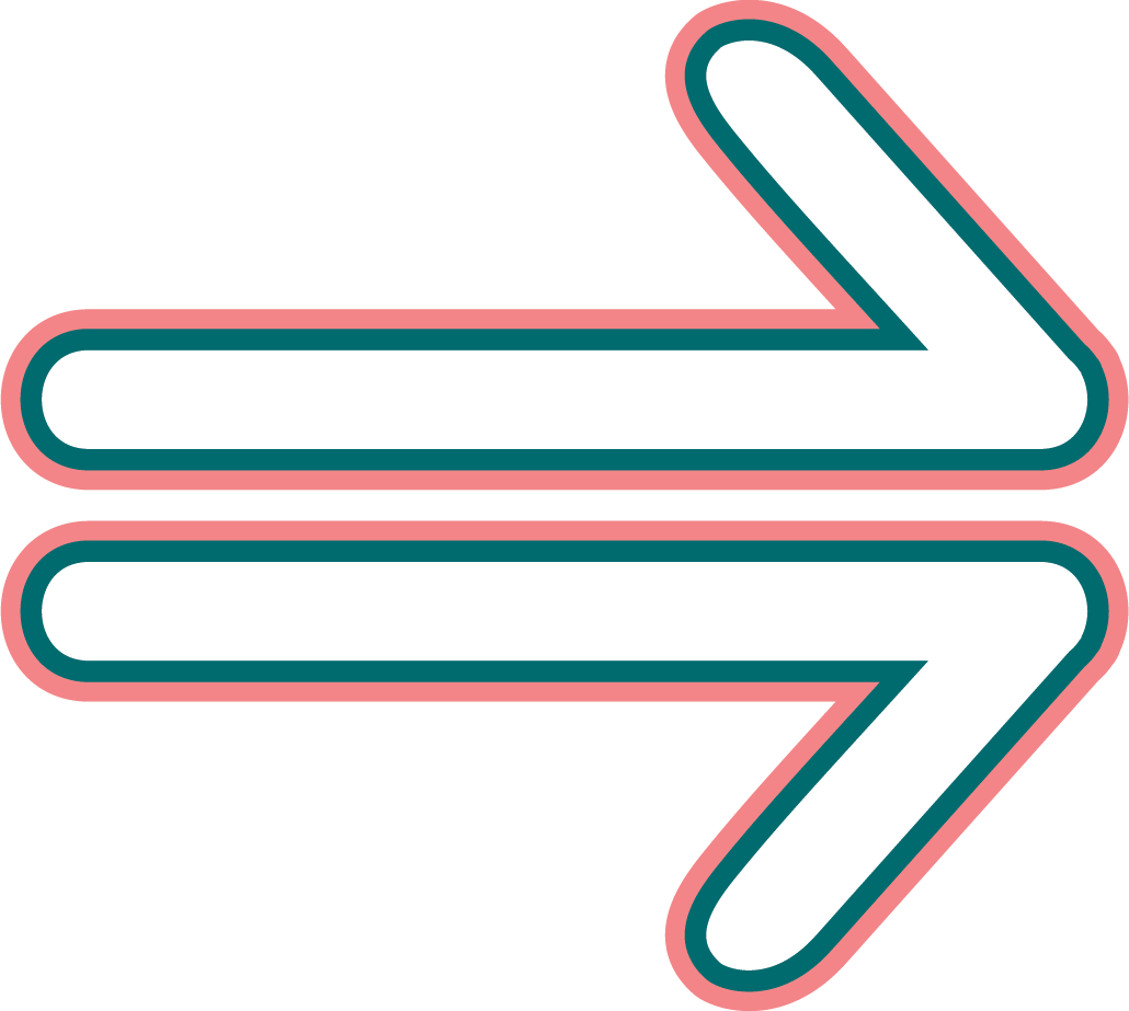 Two overlapping arrows pointing in opposite directions, one right and one left, with a neon Pink outline and a teal inner border.