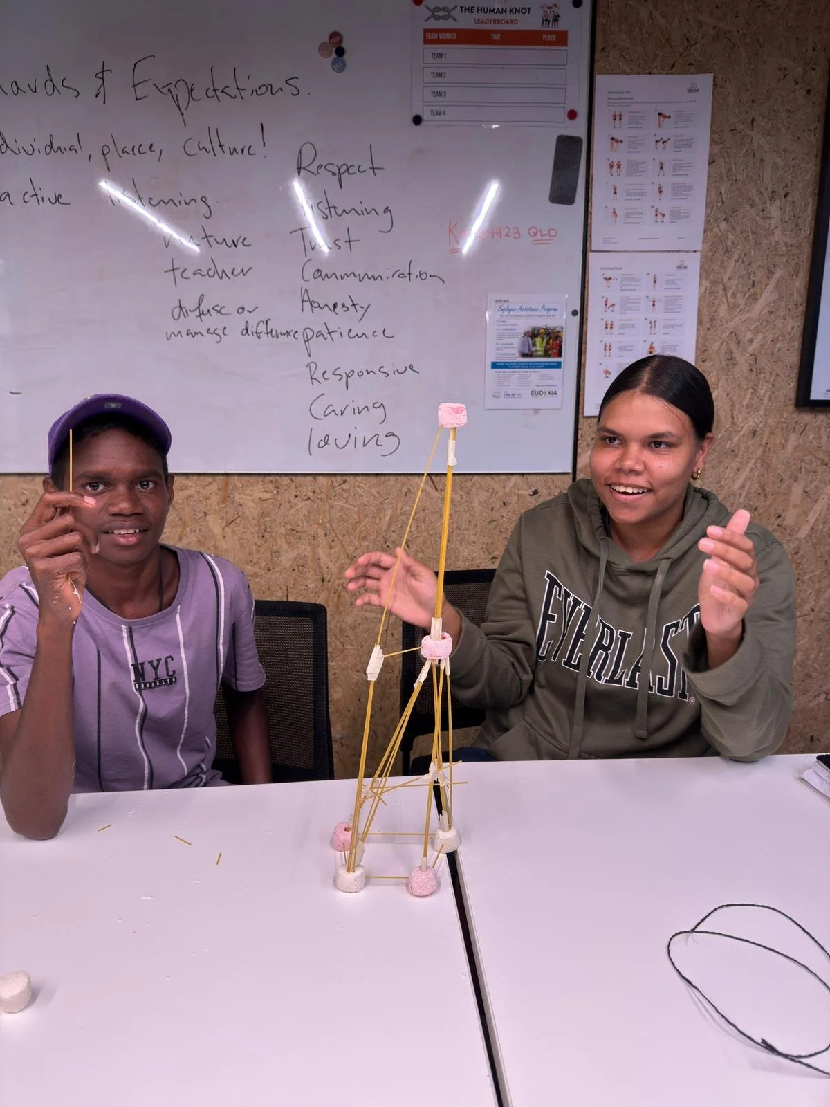Two young women sitting at a table with a marshmallow and spaghetti bridge project, smiling. One holds a marshmallow on stick, the other gestures toward the structure. Whiteboard with writing and posters in the background.