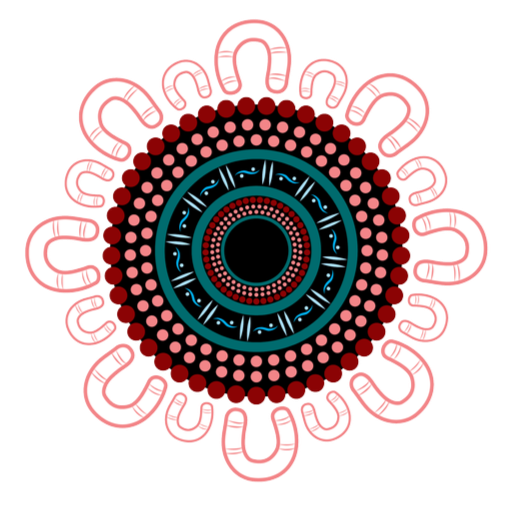 A detailed mandala design with concentric circles and intricate patterns in blue, black, red, and pink colors.