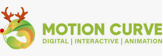 Logo of Motion Curve featuring a stylized reindeer with antlers, a red nose, and a green and orange swoosh, with green text reading 'Motion Curve' and smaller text 'Digital, Interactive, Animation'.