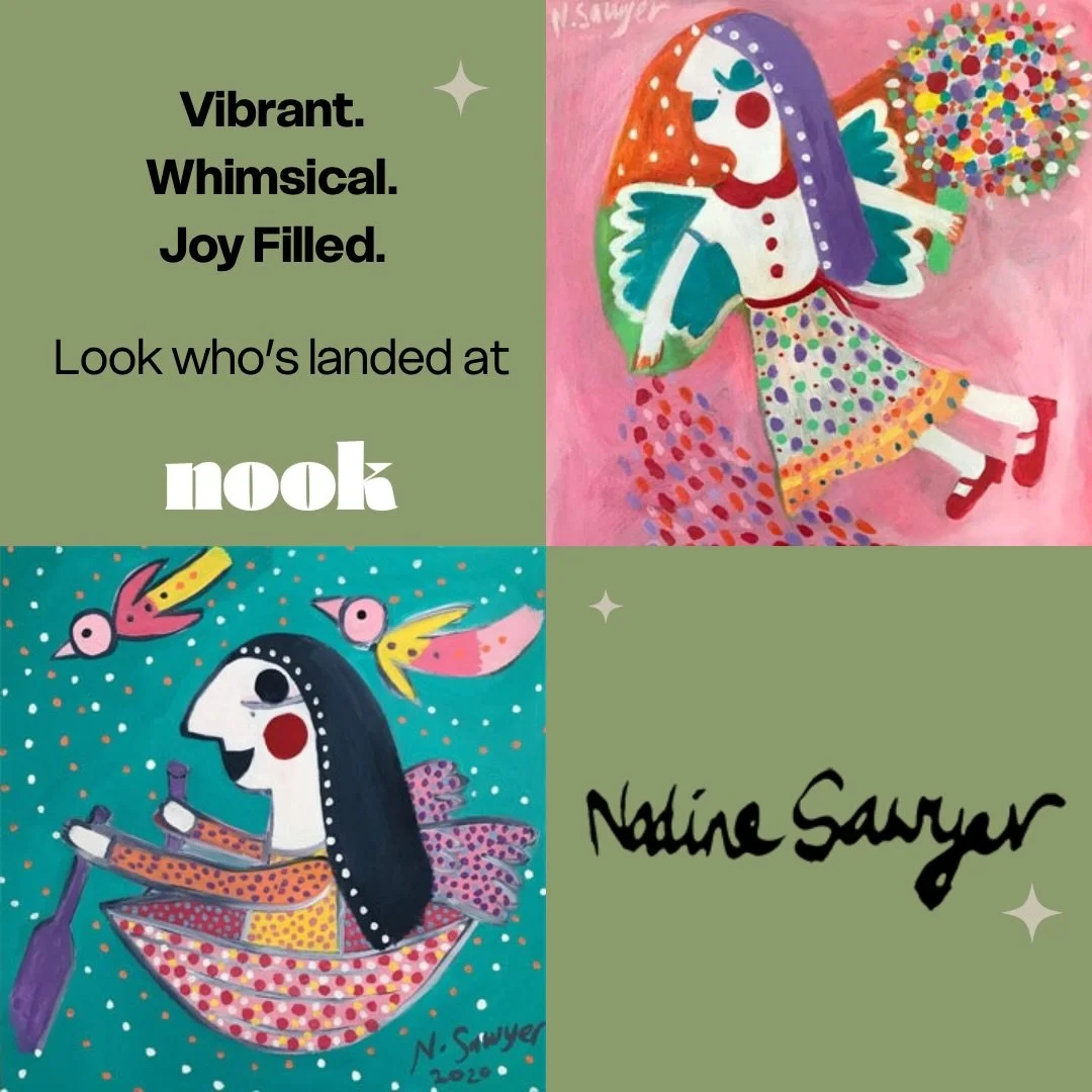 Introducing @nadinesawyerart to @nookcoffee.com.au .  Nadine is a local visual artist whose work is vibrant, whimsical and joy filled.  We have her greeting cards, art prints and other merchandise in store.  Pop in and share in the joy of colour that