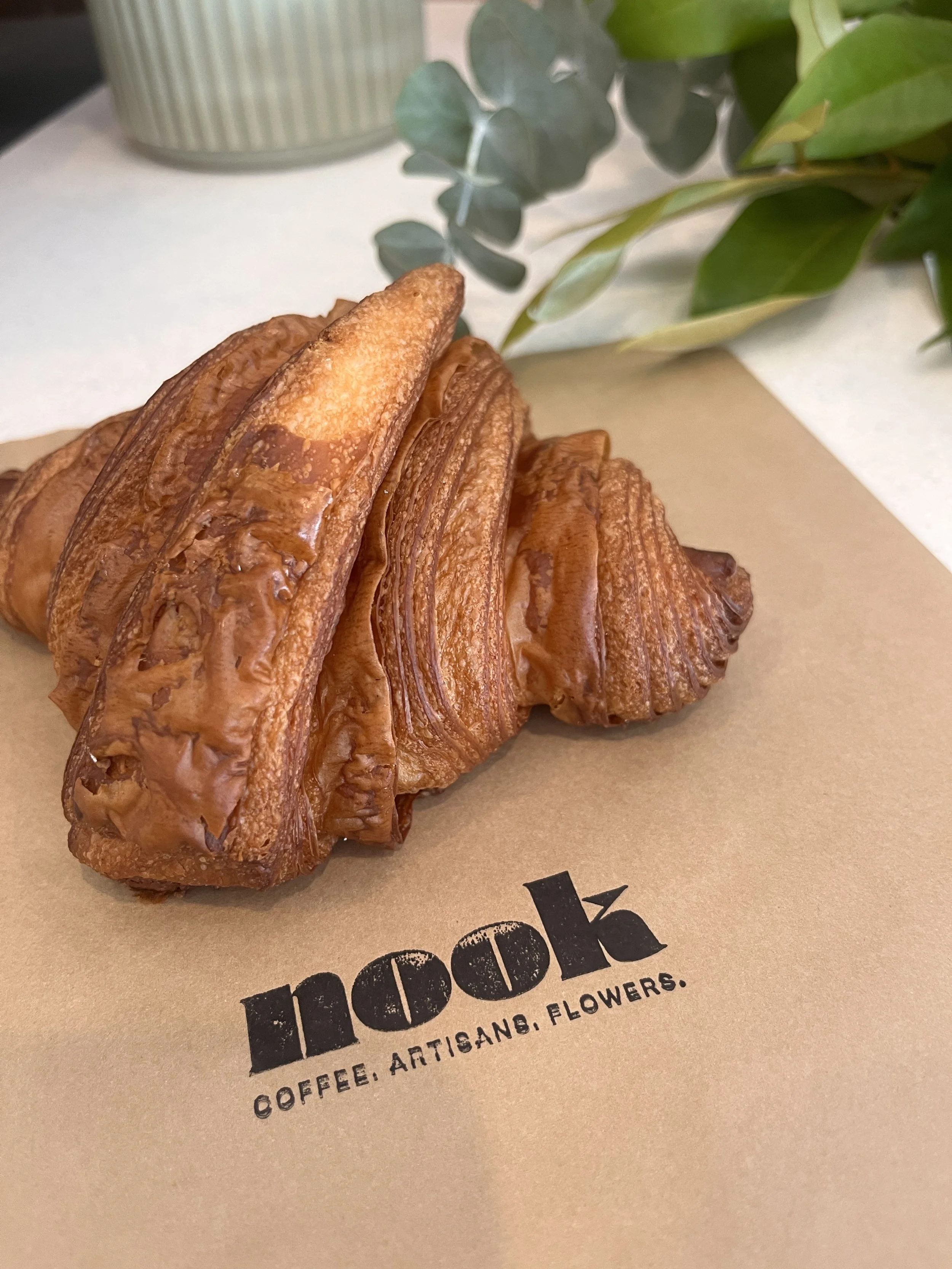 Close-up of two freshly baked croissants on a paper bag labeled 'hook, coffee, artisan, flowers' with green plants in the background.