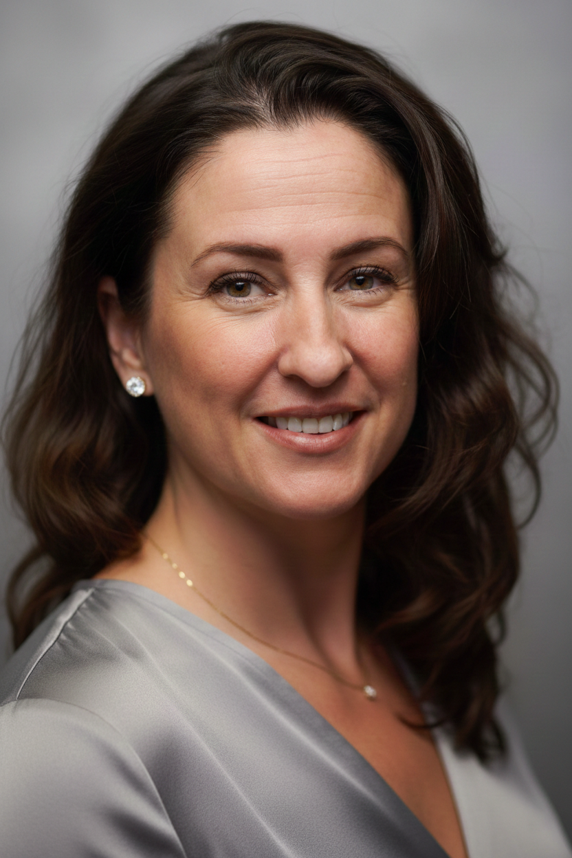 Close-up portrait of a woman with shoulder-length wavy brown hair, smiling softly, wearing pearl earrings, a delicate necklace, and a light gray top against a neutral background.