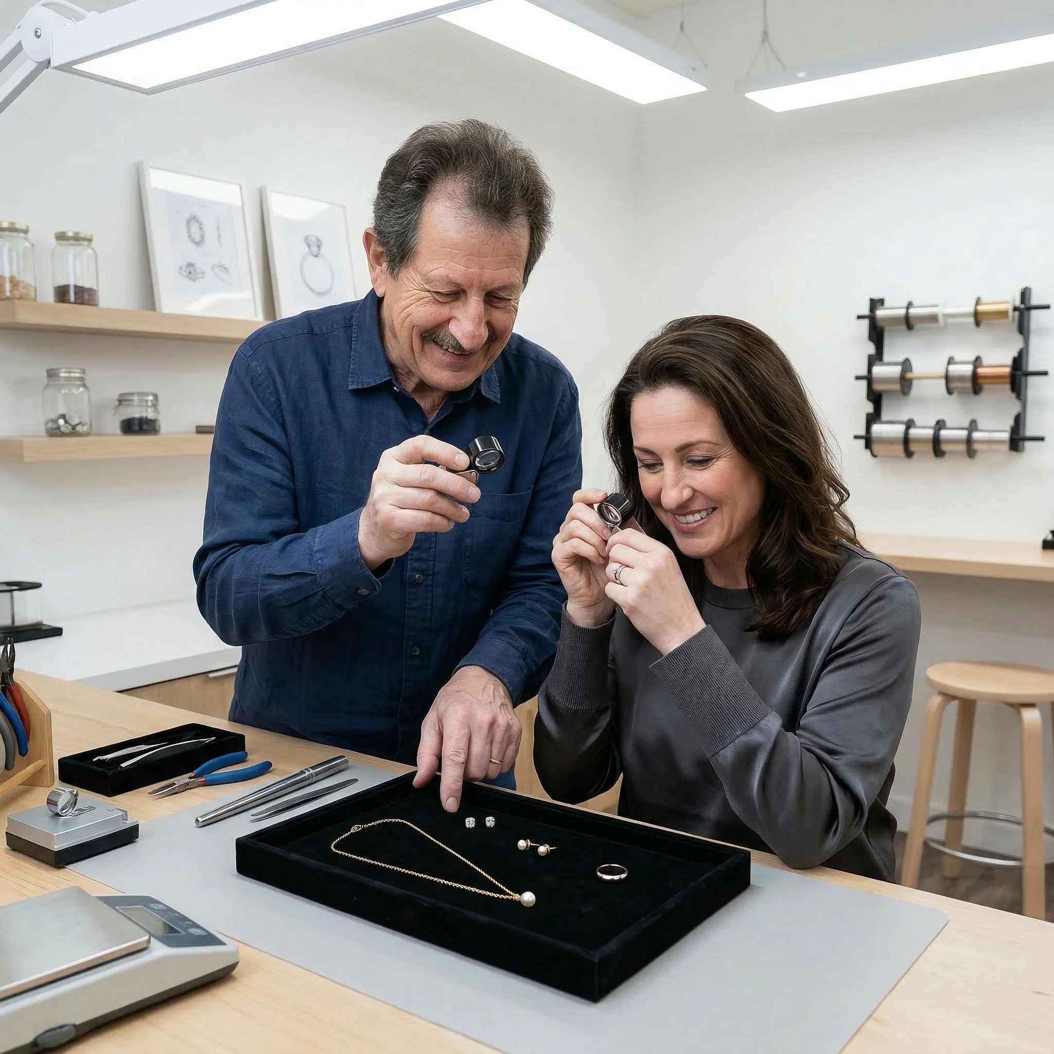 A man and woman examining jewelry in a workshop, with jewelry tools and displayed jewelry on the table.