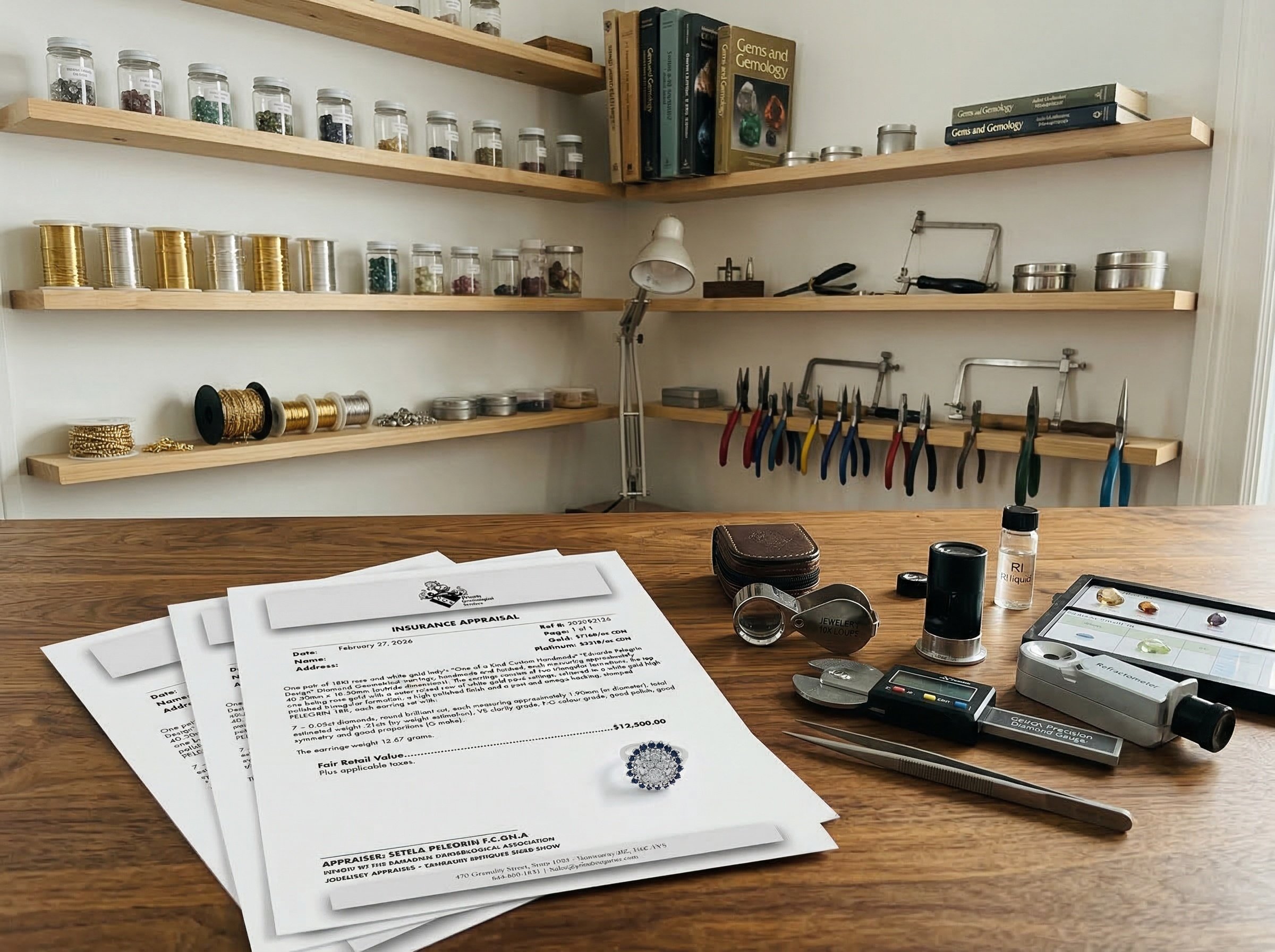 Jewelry testing and appraisal tools on a wooden table, with shelves containing jars of gemstones, jewelry supplies, and books about gems and gemology in the background.