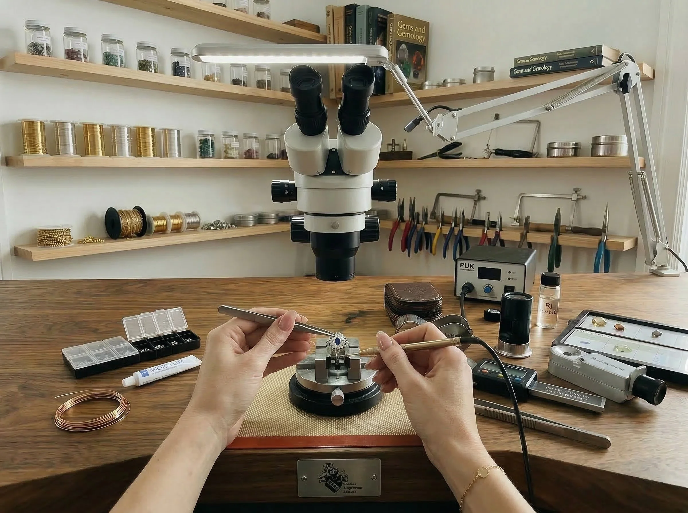A person working with jewelry under a microscope in a workshop. The workspace has various tools, jewelry pieces, and storage boxes on a wooden table, with shelves of jars and tools in the background.