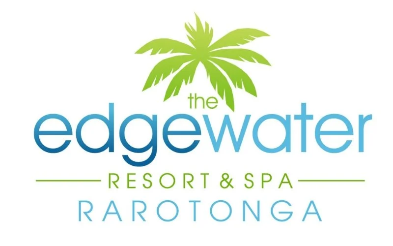 Logo for The Edgewater Resort & Spa Rarotonga featuring a green palm tree and blue and green text.