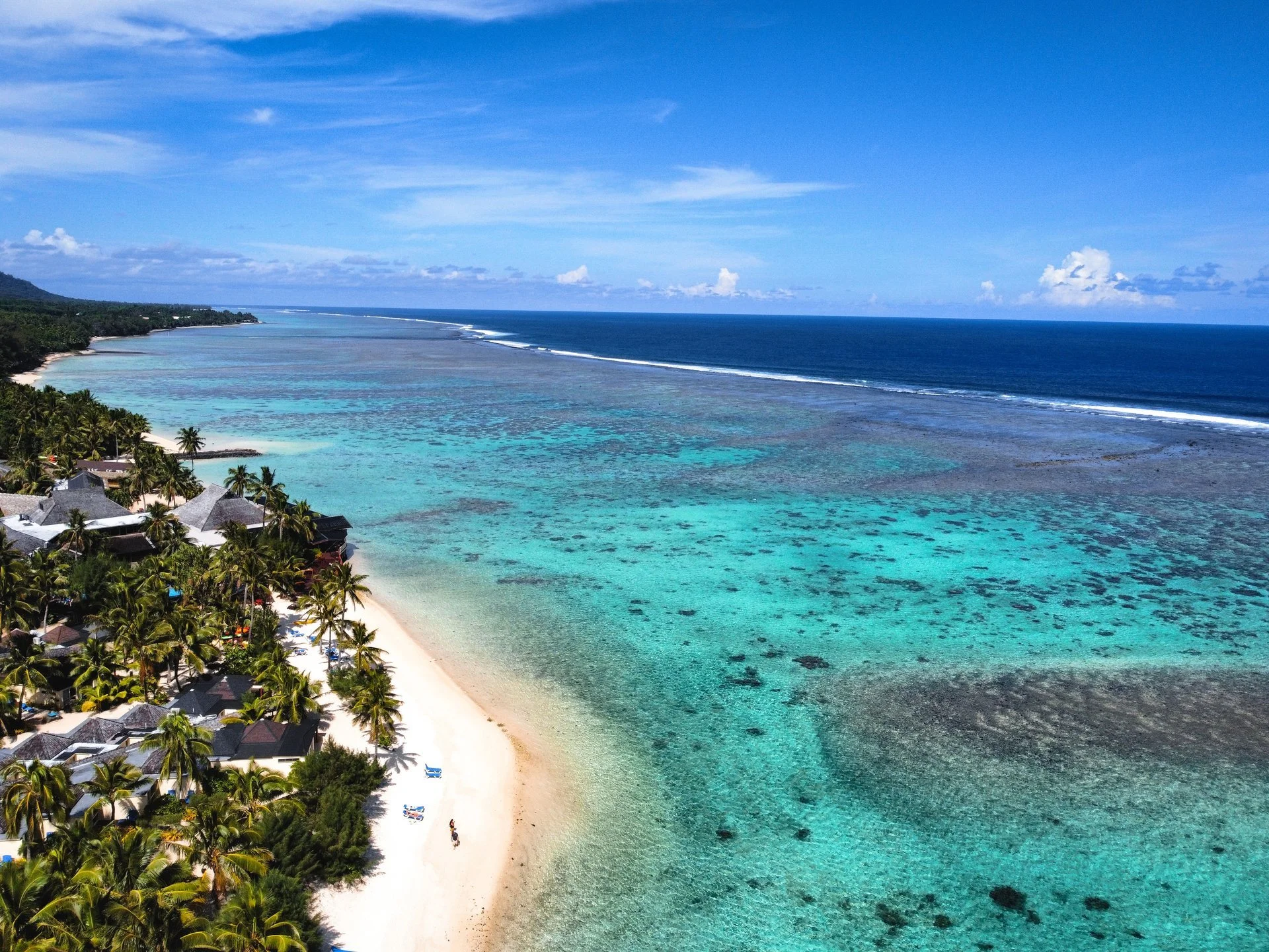 Aerial view of a tropical beach with turquoise water, white sand, palm trees, and overwater bungalows.