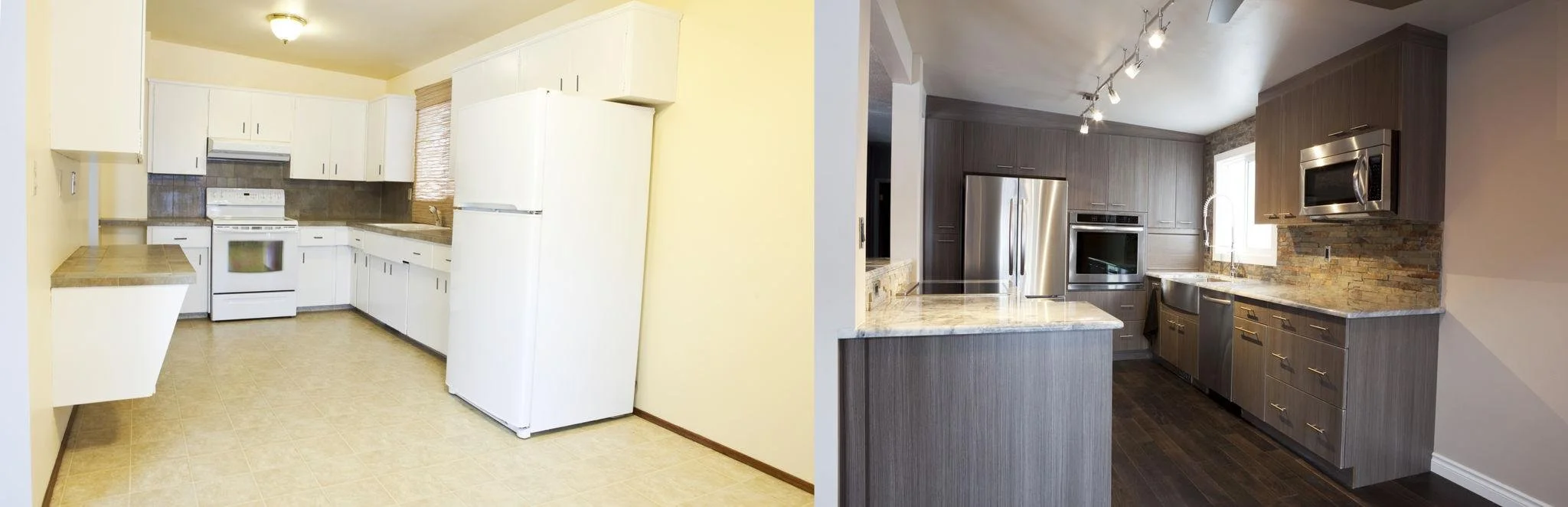 Comparison of two kitchens, one older with white cabinets and appliances, and one modern with gray wood cabinets, stainless steel appliances, and a brick backsplash.