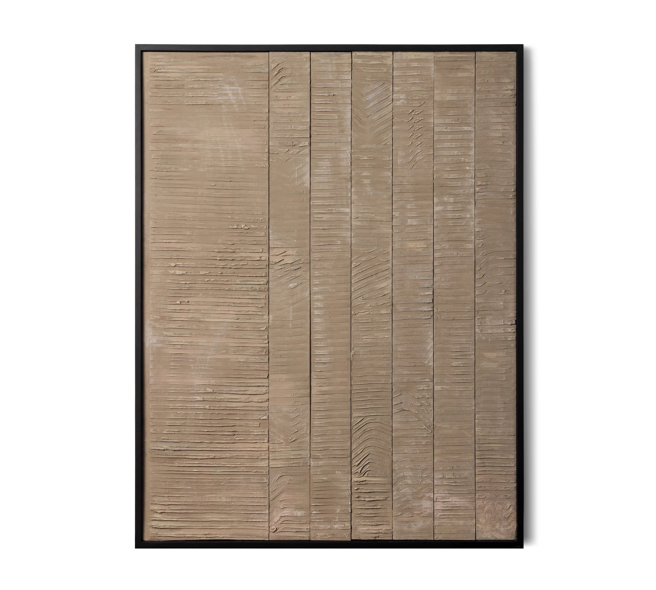 A framed display of vertically arranged plaster sections with various textured grooves and patterns.