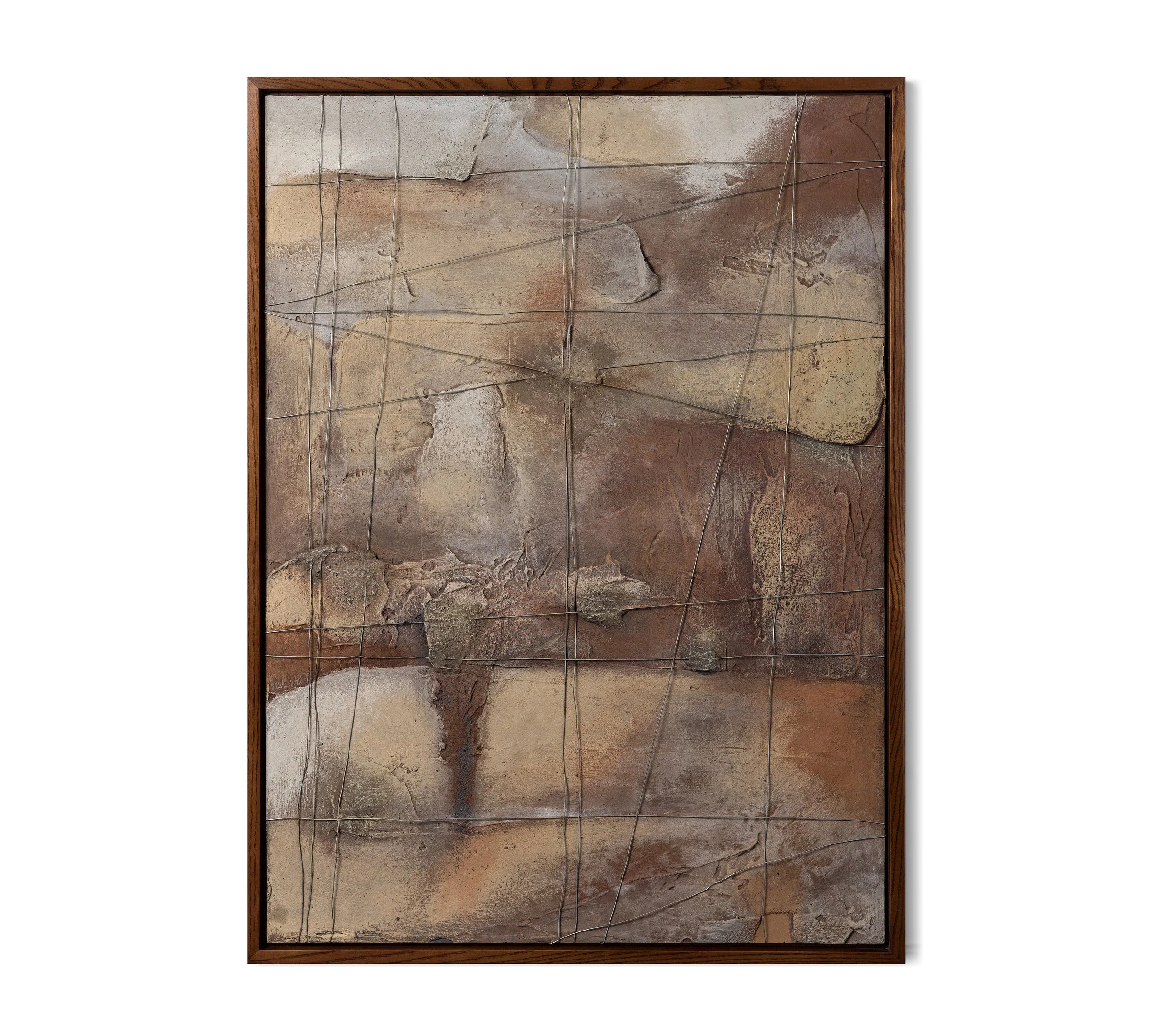 Abstract artwork with textured stone-like surfaces in earthy tones, framed with wood and crisscrossed with thin metal wires.