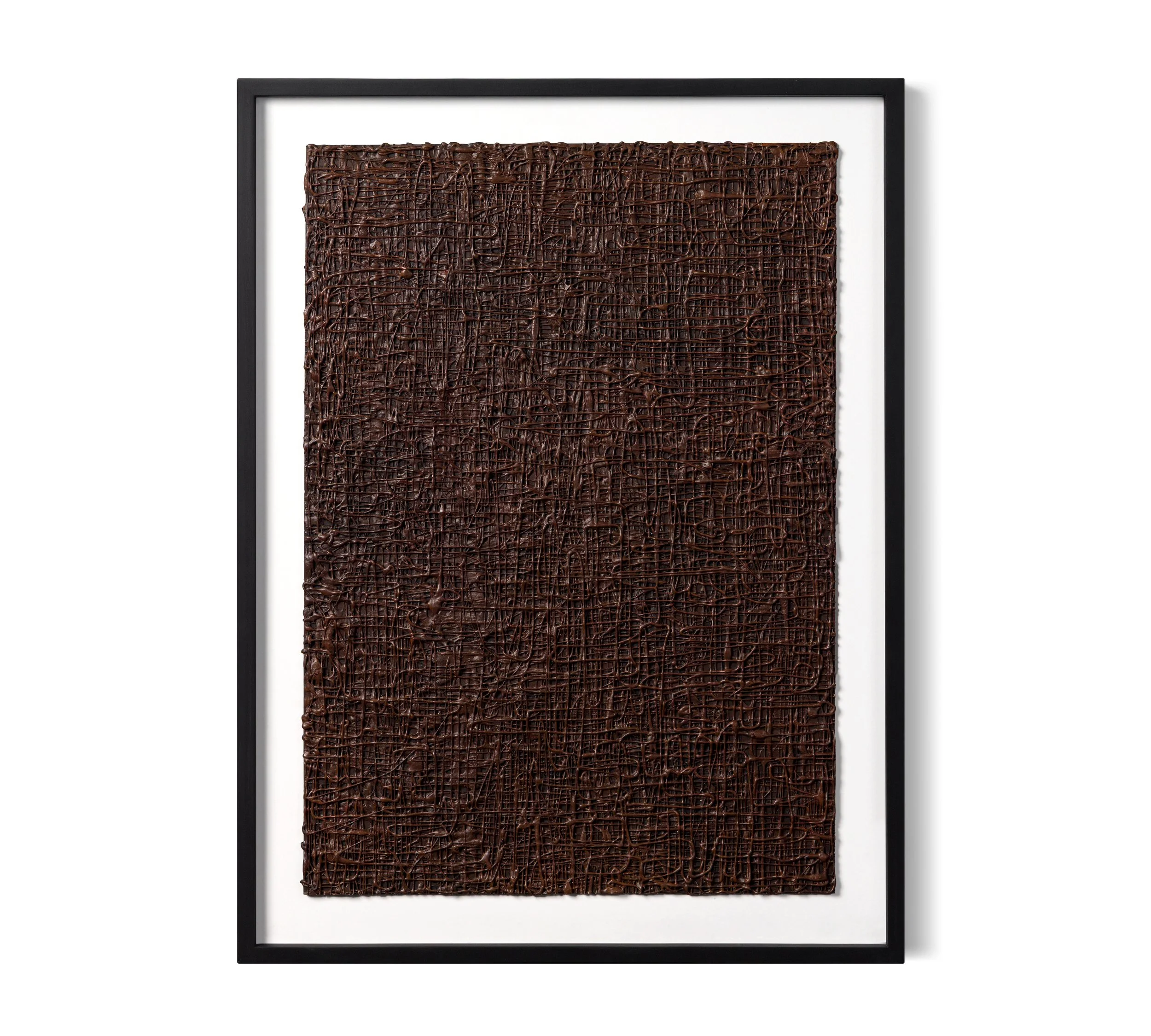 Abstract artwork with textured dark brown lines framed in black on a white background.
