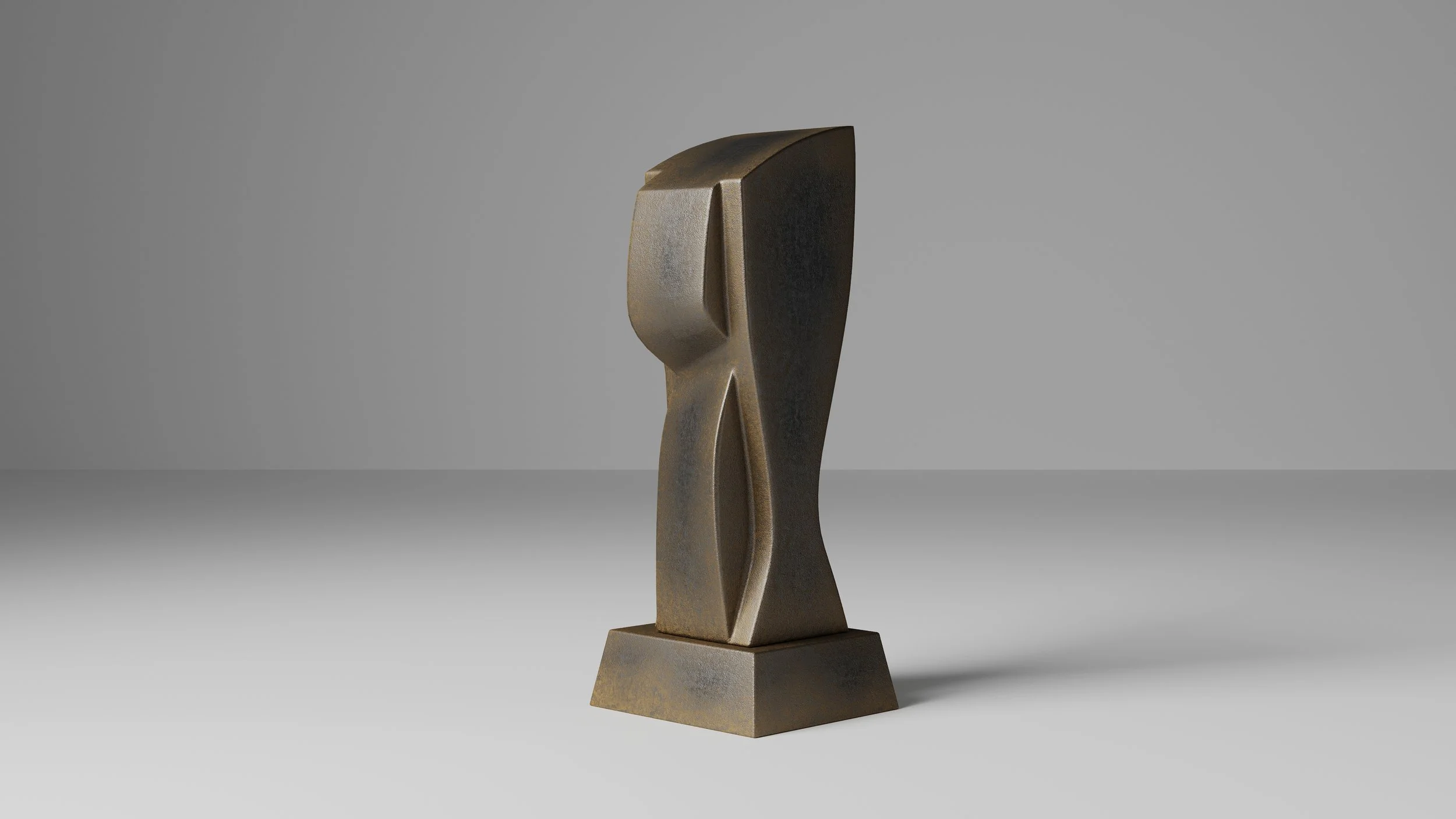 Bronze abstract sculpture on a rectangular base, standing against a plain gray background.