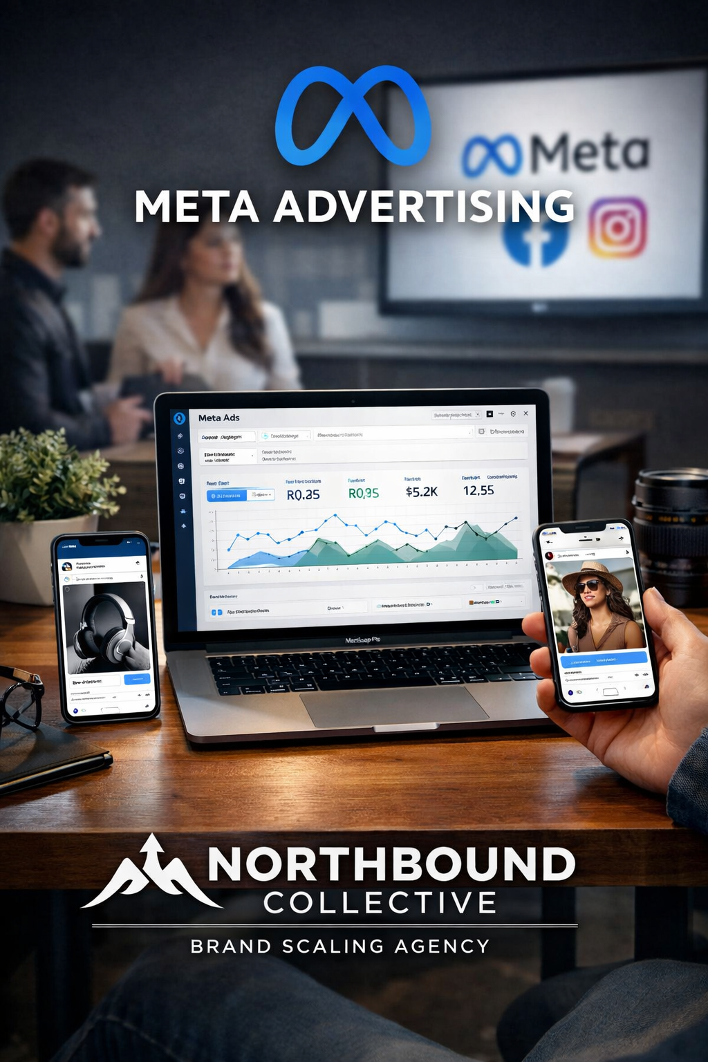 Business meeting in a conference room displaying Meta advertising stats on a laptop and smartphone, with a blurred background of people and Meta and social media logos on screen.