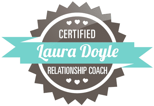 Certified relationship coach badge with the name Laura Doyle on a blue ribbon in the center.