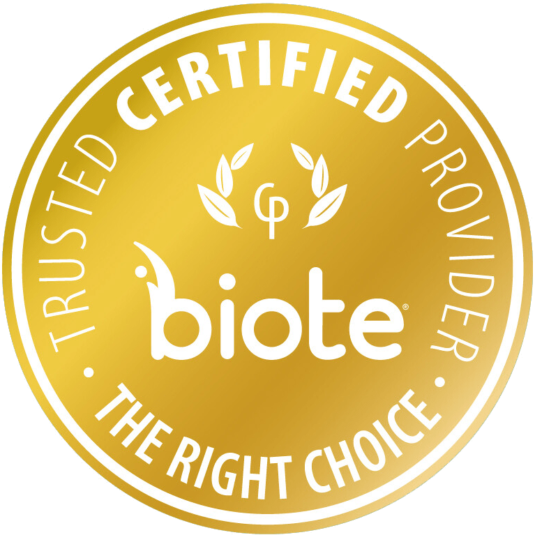 Gold and white certification badge with the text 'Certified Provider - Trusted Certified - The Right Choice' and the brand name 'biote' in the center.