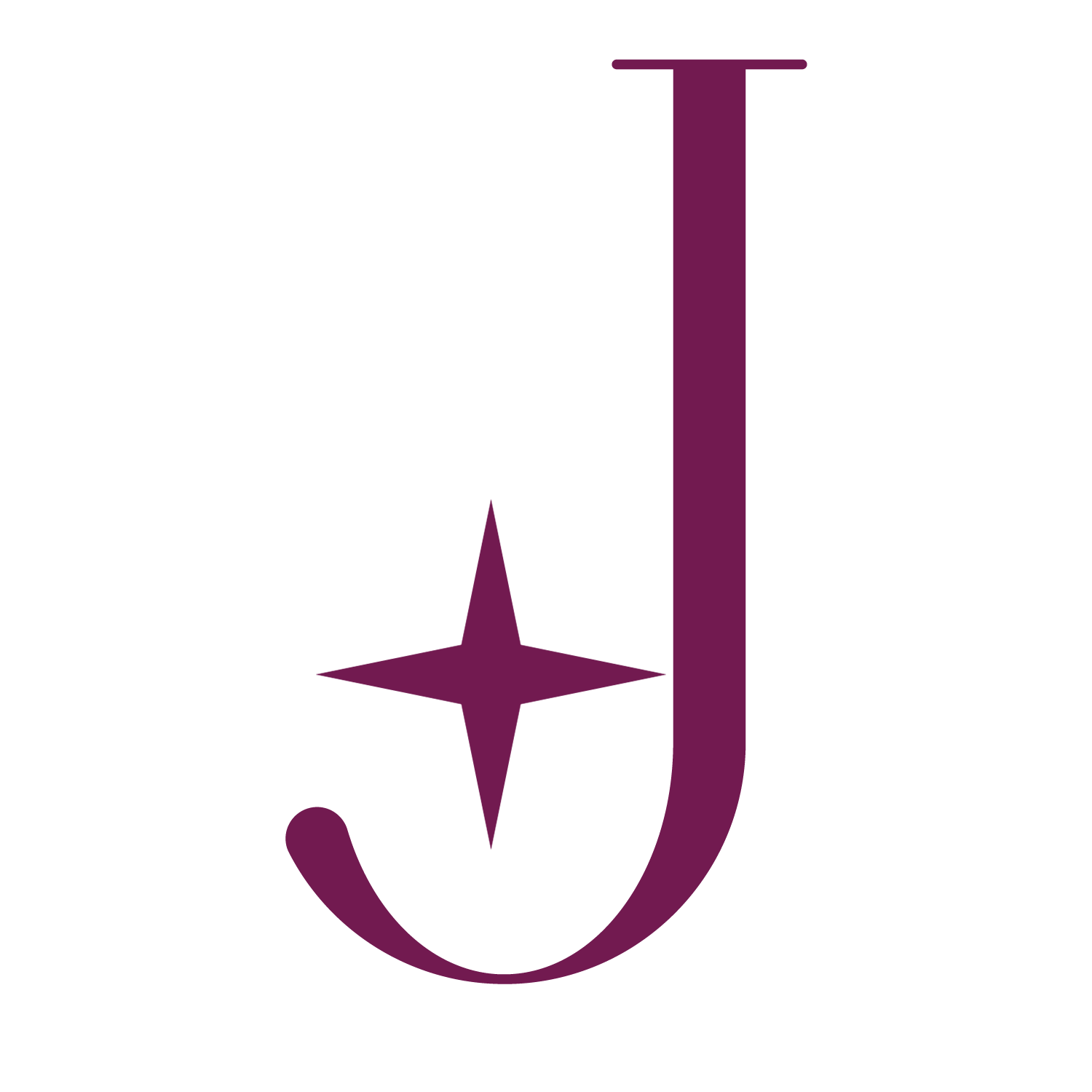 A stylized black letter 'J' with a purple four-point star and an arrow pointing downwards in purple, on a transparent background.