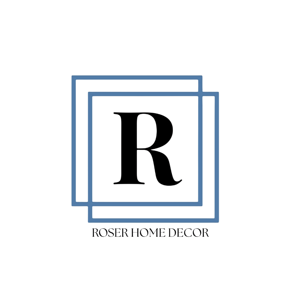 Logo with overlapping squares and a large black letter R in the center, with the words 'ROSHE HOME DECOR' below.