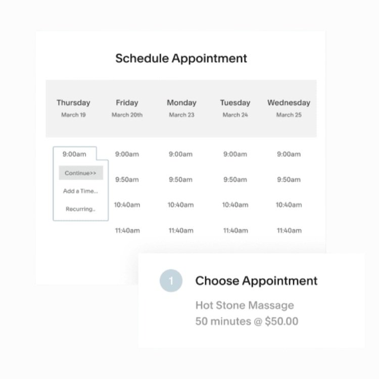 Screen displaying a schedule for appointment bookings from March 19-25, with available times listed in 9:00am, 9:50am, 10:40am, and 11:40am slots, and a menu to select a hot stone massage for 50 minutes at $50.