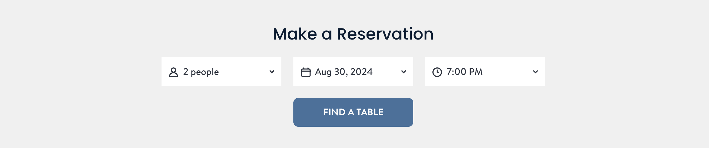 Reservation form for a restaurant or similar venue with options for number of people, date, and time. A button labeled 'Find a Table' is below the options.