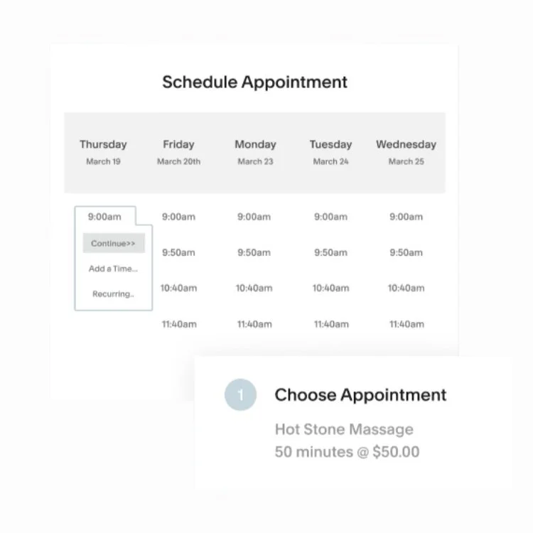 Screenshot of online appointment scheduling interface showing available times from March 19 to March 25, with a selected appointment for a 50-minute Hot Stone Massage costing $50.