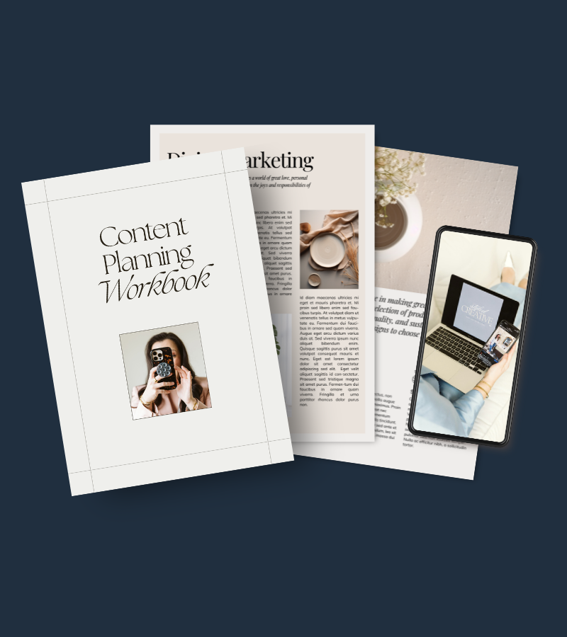 Arrangement of printed documents and a smartphone on a dark background, including a content planning workbook, a marketing article, and a photo of a person using a laptop and smartphone.