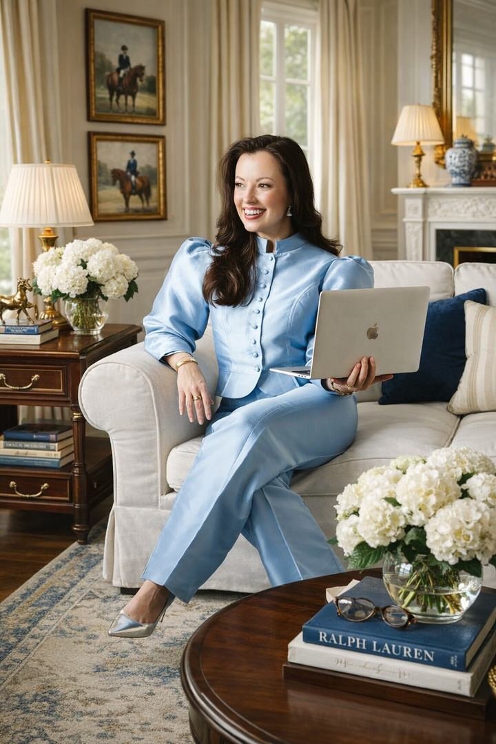 A woman sitting on a beige sofa in a well-decorated living room, holding a laptop and smiling. She is dressed in a light blue satin outfit, with a window, floral arrangements, and framed pictures of horse riders in the background.