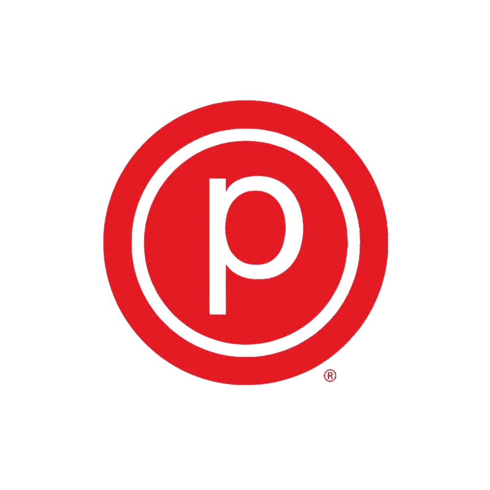 Red circular logo with a black border and the lowercase letter 'p' inside.