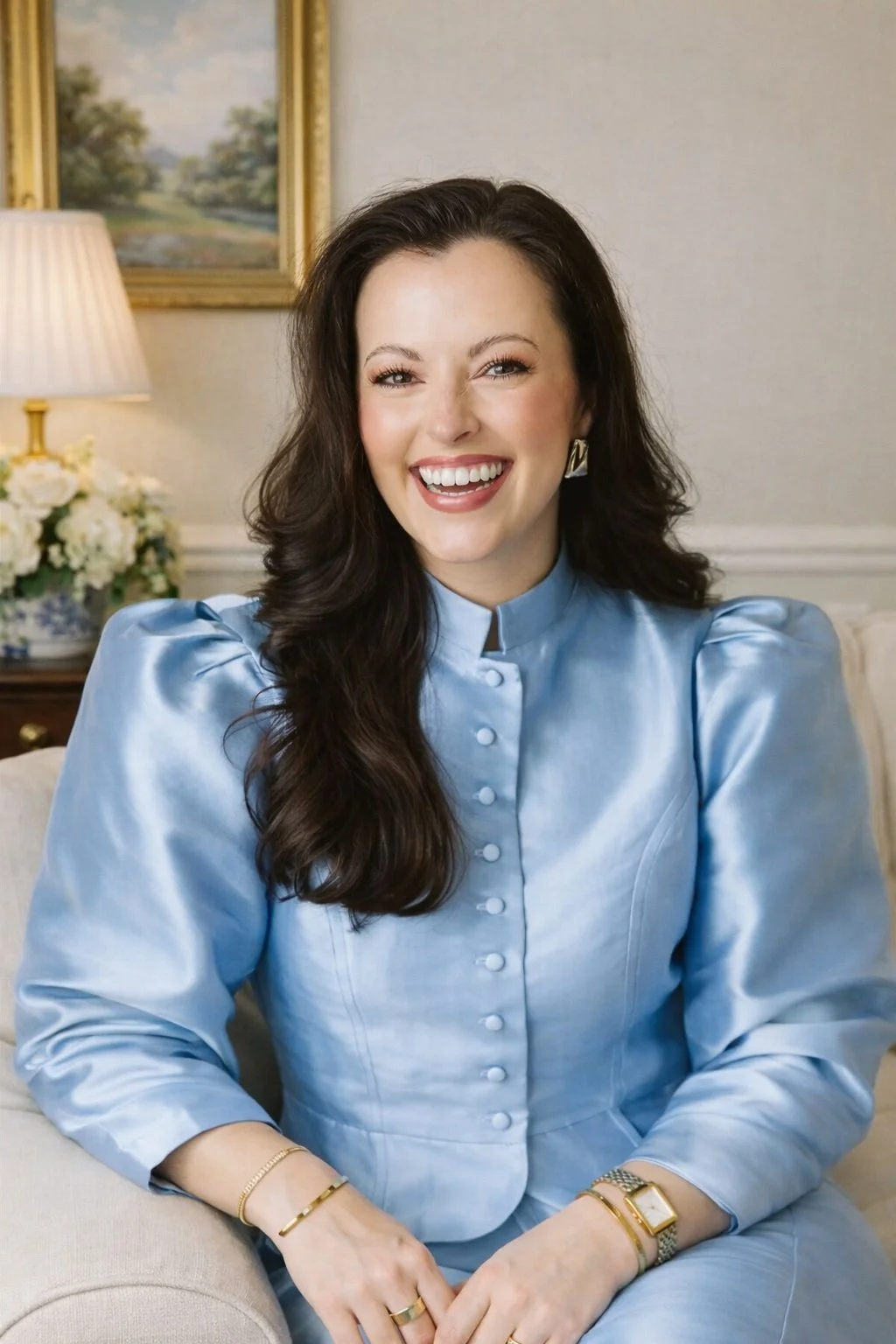 A woman with long dark hair, wearing a light blue satin blouse with button details, smiling and sitting on a cream-colored sofa in a well-lit, elegant room with a painting, a lamp, and a flower arrangement in the background.
