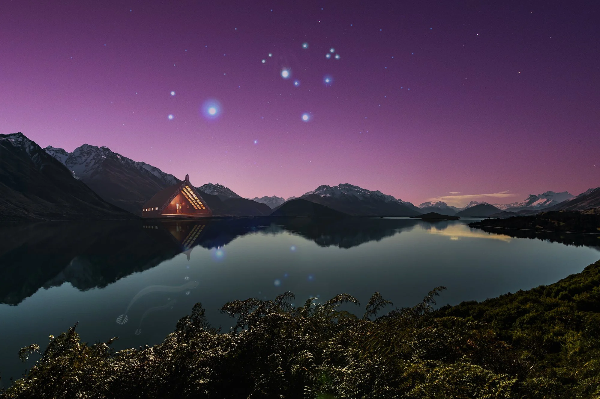 An image of a Marai house underneath the Matariki constellation on Lake Wakatipu.