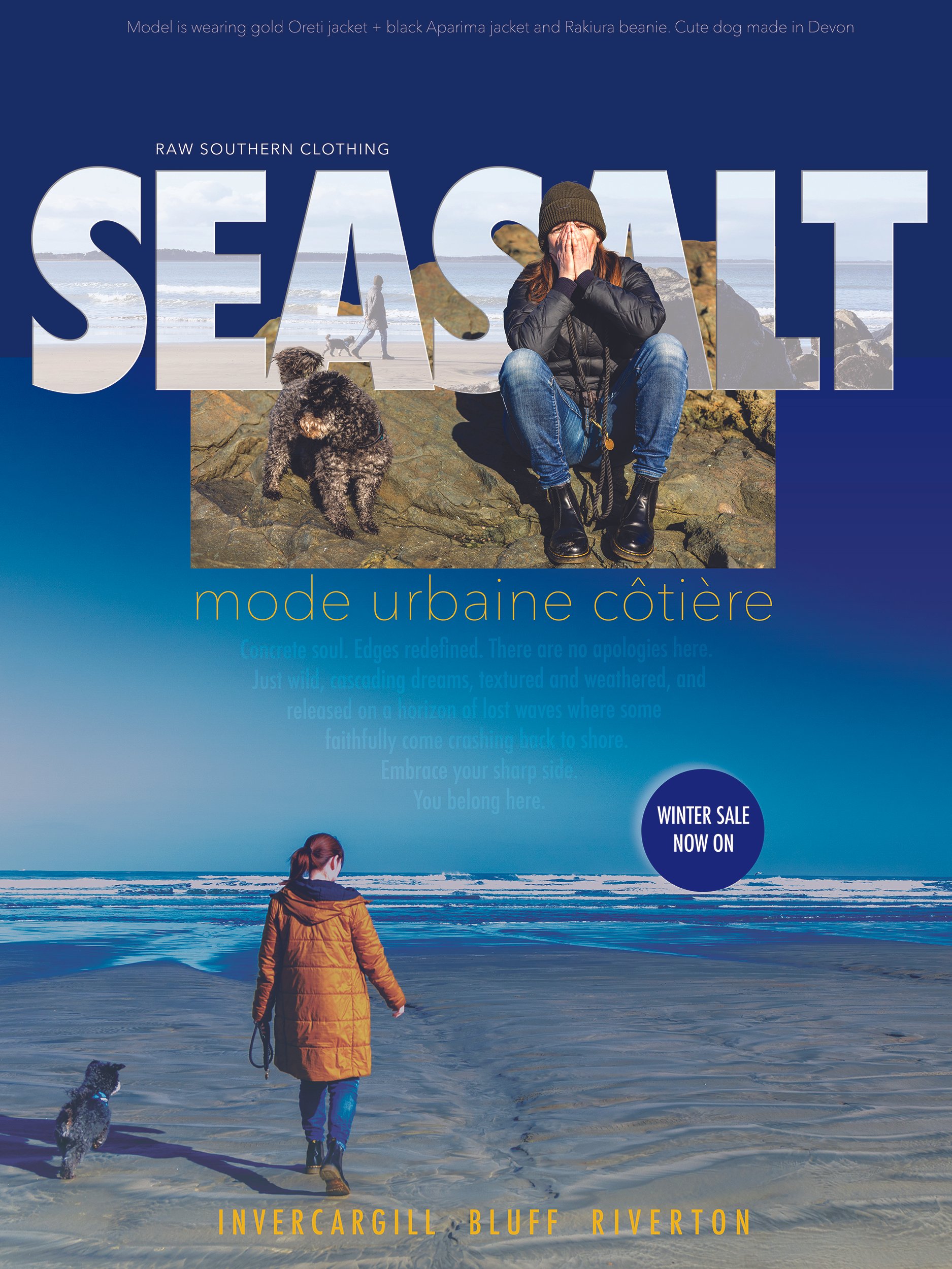 This is an image of a woman and dog walking on a beach with the wild surf in front of them.