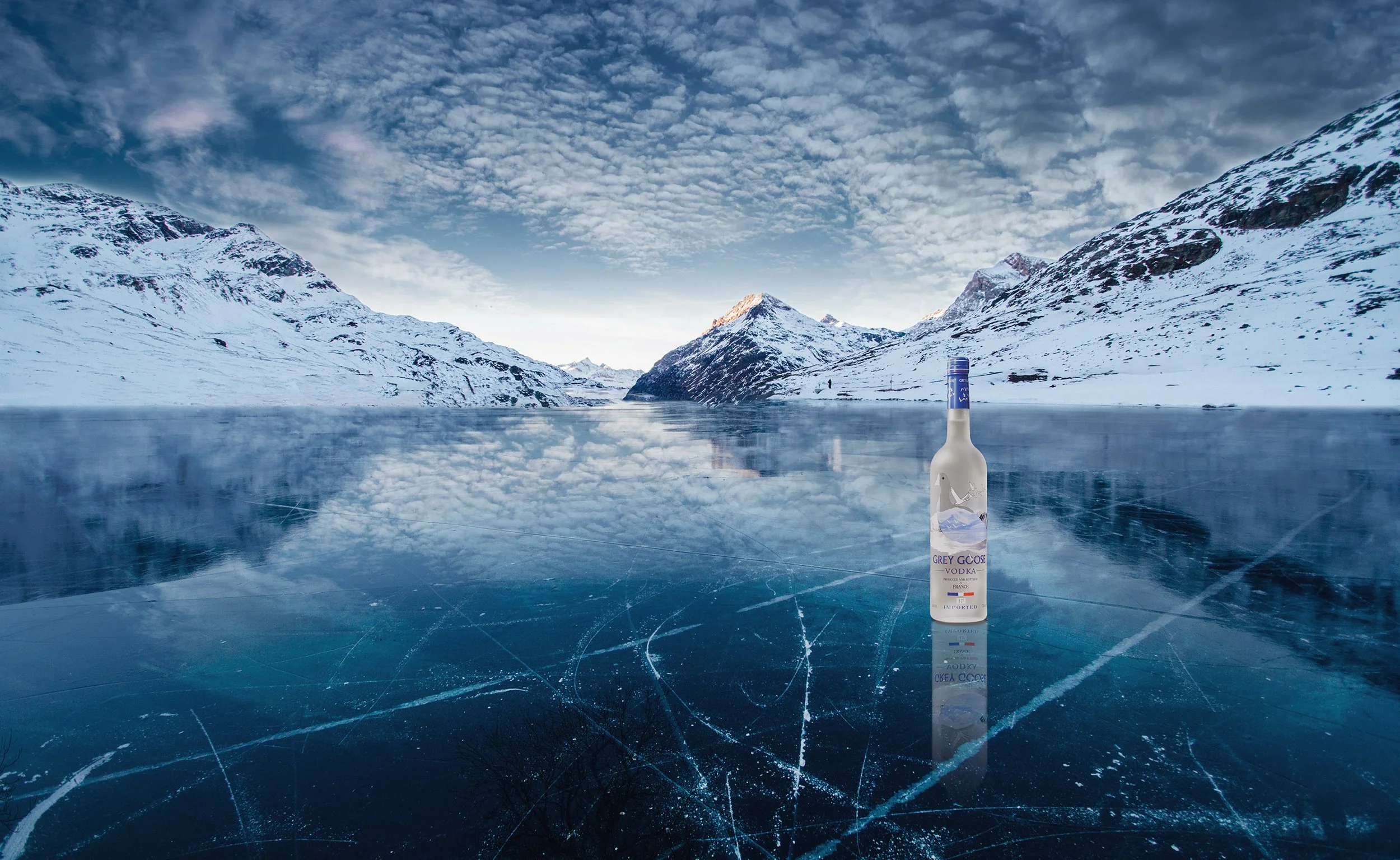 An image of a Grey Goose Vodka bottle on a frozen lake.