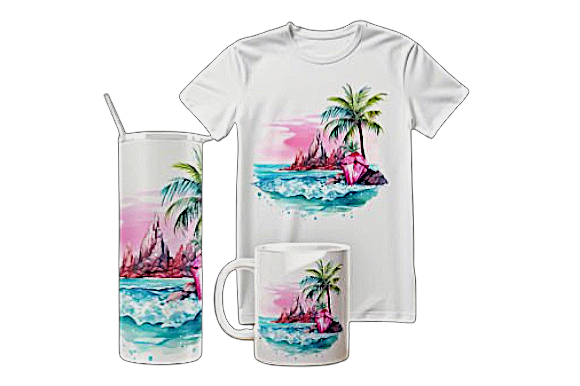 A white t-shirt, a tall glass with a straw, and a mug, all featuring a colorful tropical beach scene with pink skies, palm trees, pink rocks, and ocean waves.