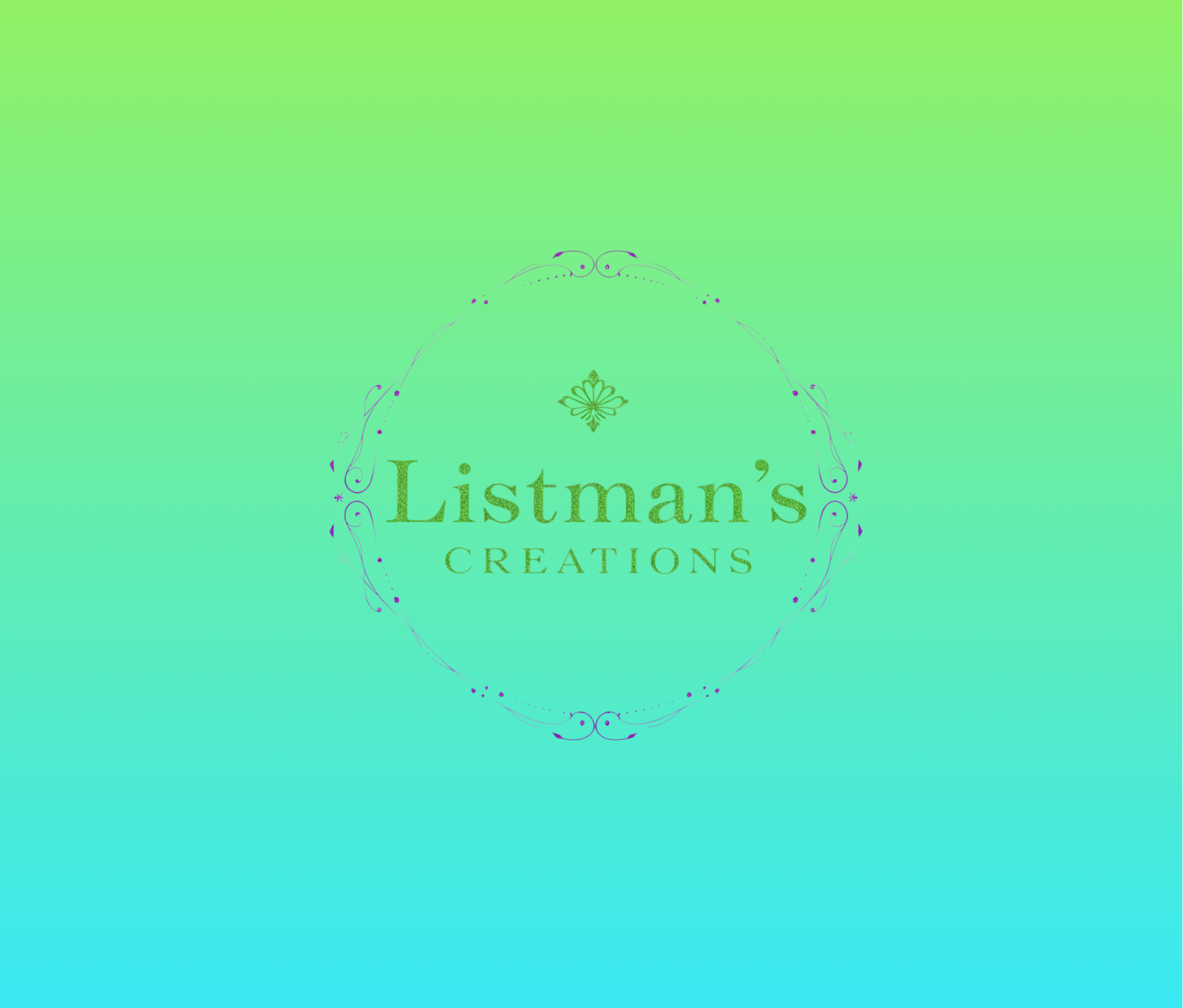 Green and blue gradient background with the text "Listman's Creations" in the center, surrounded by decorative purple accents and a small leaf-like symbol above.