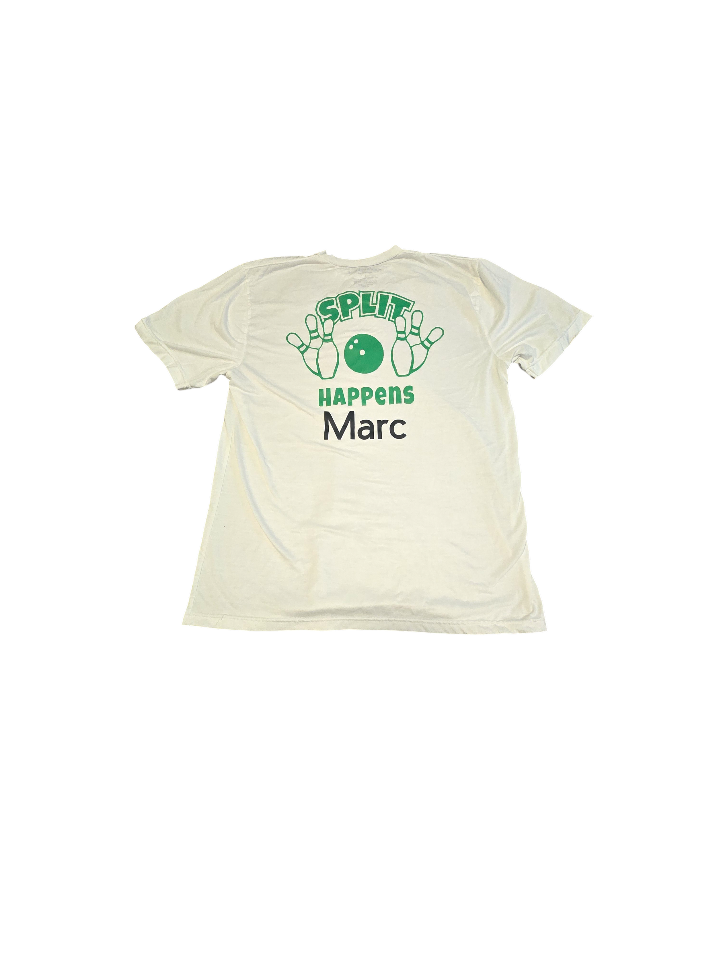 White T-shirt with a bowling theme design and text saying 'Split Happens Marc', featuring a green bowling ball and pins.
