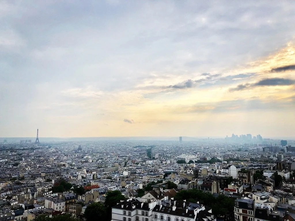 A panoramic view of Paris, France, showing the Eiffel Tower on the left and tall city buildings in the distance, under a partly cloudy sky.