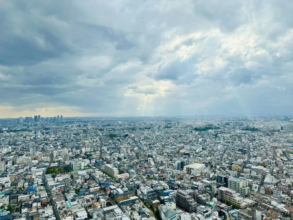 A cityscape view with numerous buildings and high-rise structures under a cloudy sky with some sunlight breaking through.