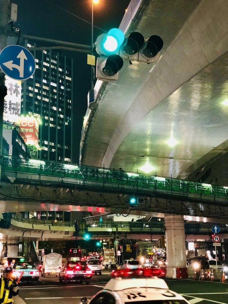 Nighttime city scene with traffic light showing green, multiple cars, and illuminated signs on tall buildings.