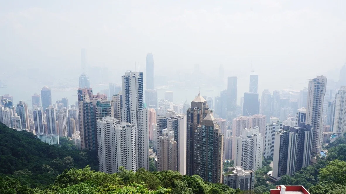 City skyline with tall skyscrapers and green hillside in the foreground