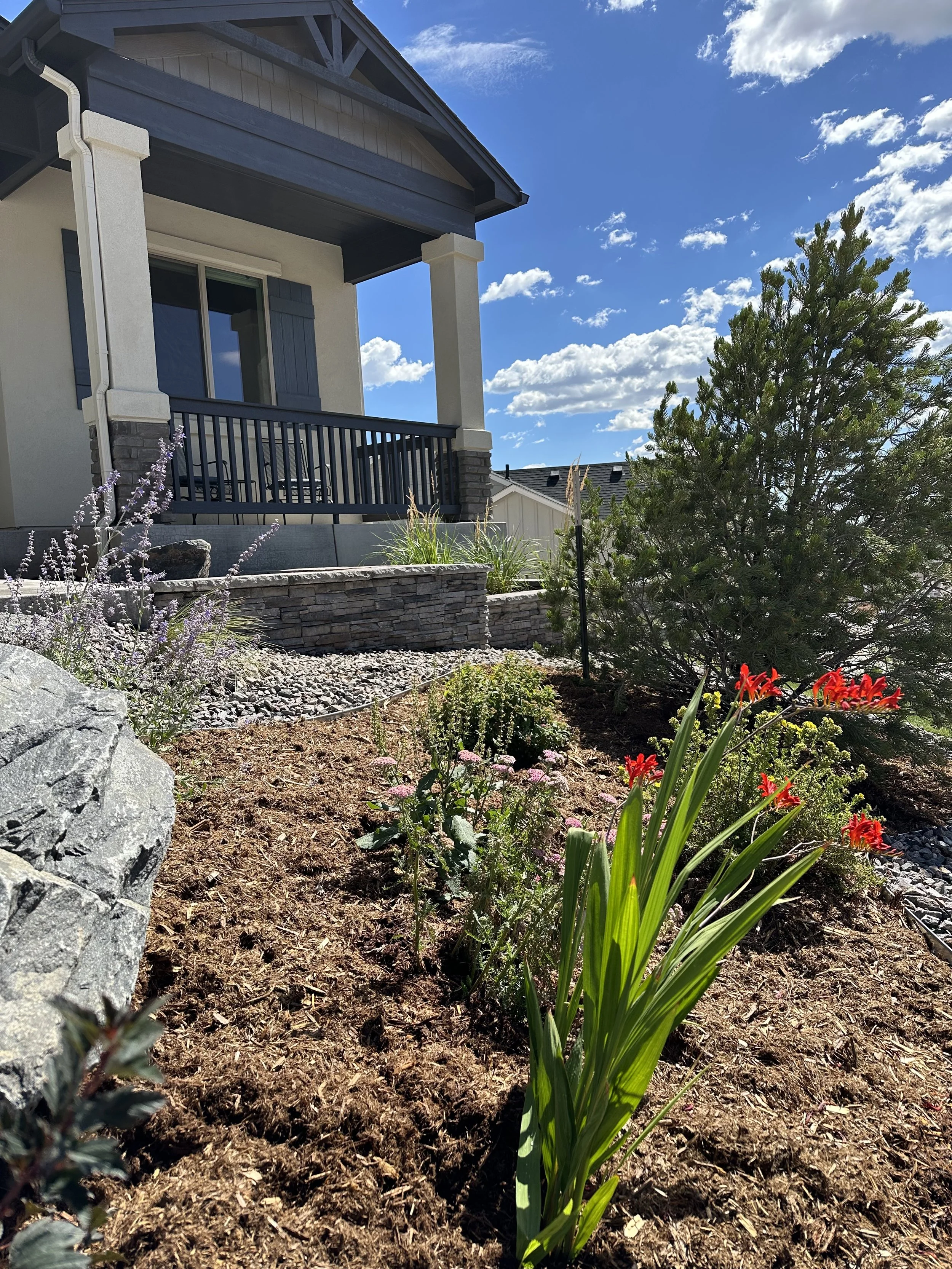 A residential house with a front porch, black railing, and blue shutters, surrounded by a landscaped garden with flowers, small bushes, a pine tree, and decorative rocks under a blue sky with scattered clouds.