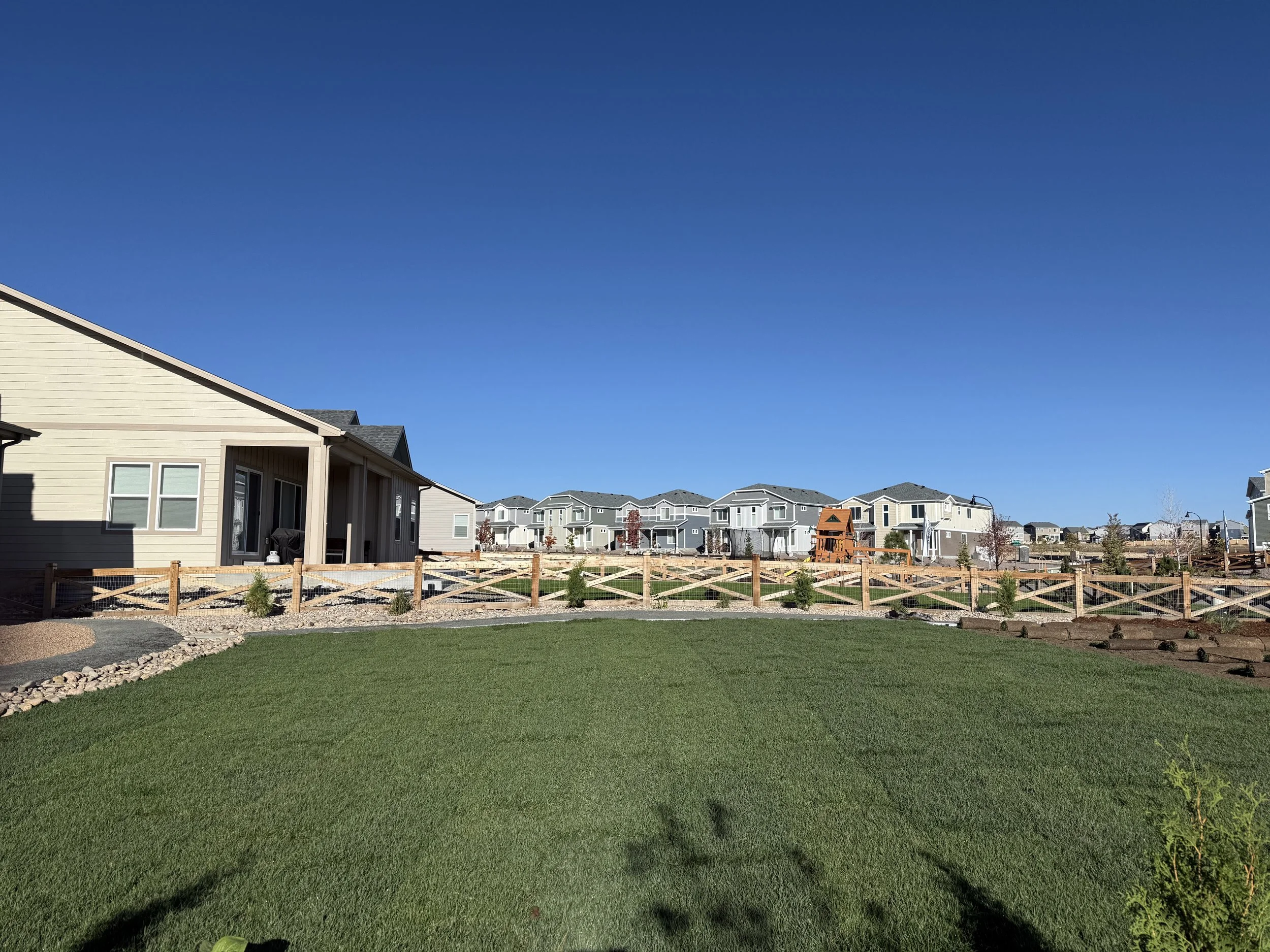 A suburban backyard with a green lawn, a wooden fence, and houses in the distance under a clear blue sky.