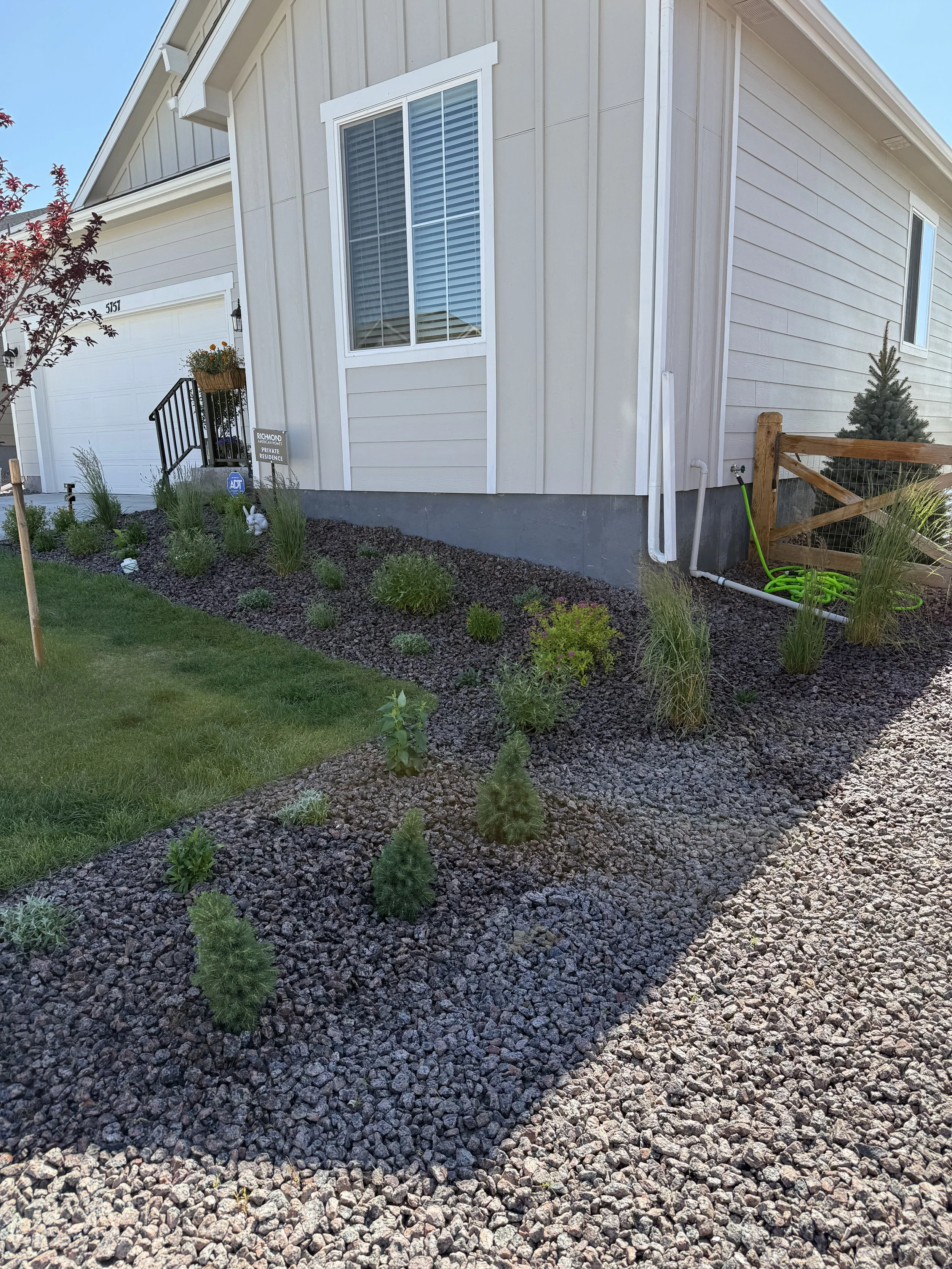 Front corner of a house with a gravel landscape, small plants, shrubs, and a garden hose. The house has beige siding, white trim, a window with blinds, and a door with stairs. There is a small tree and a fence segment nearby.