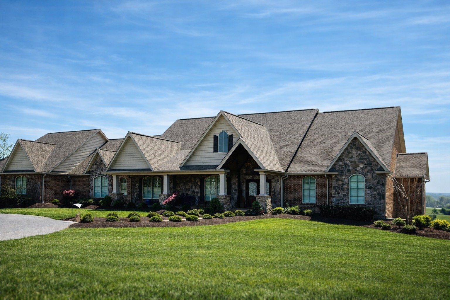 Large suburban house with stone and brick exterior, multiple gabled roofs, and a well-maintained lawn and garden under a blue sky.