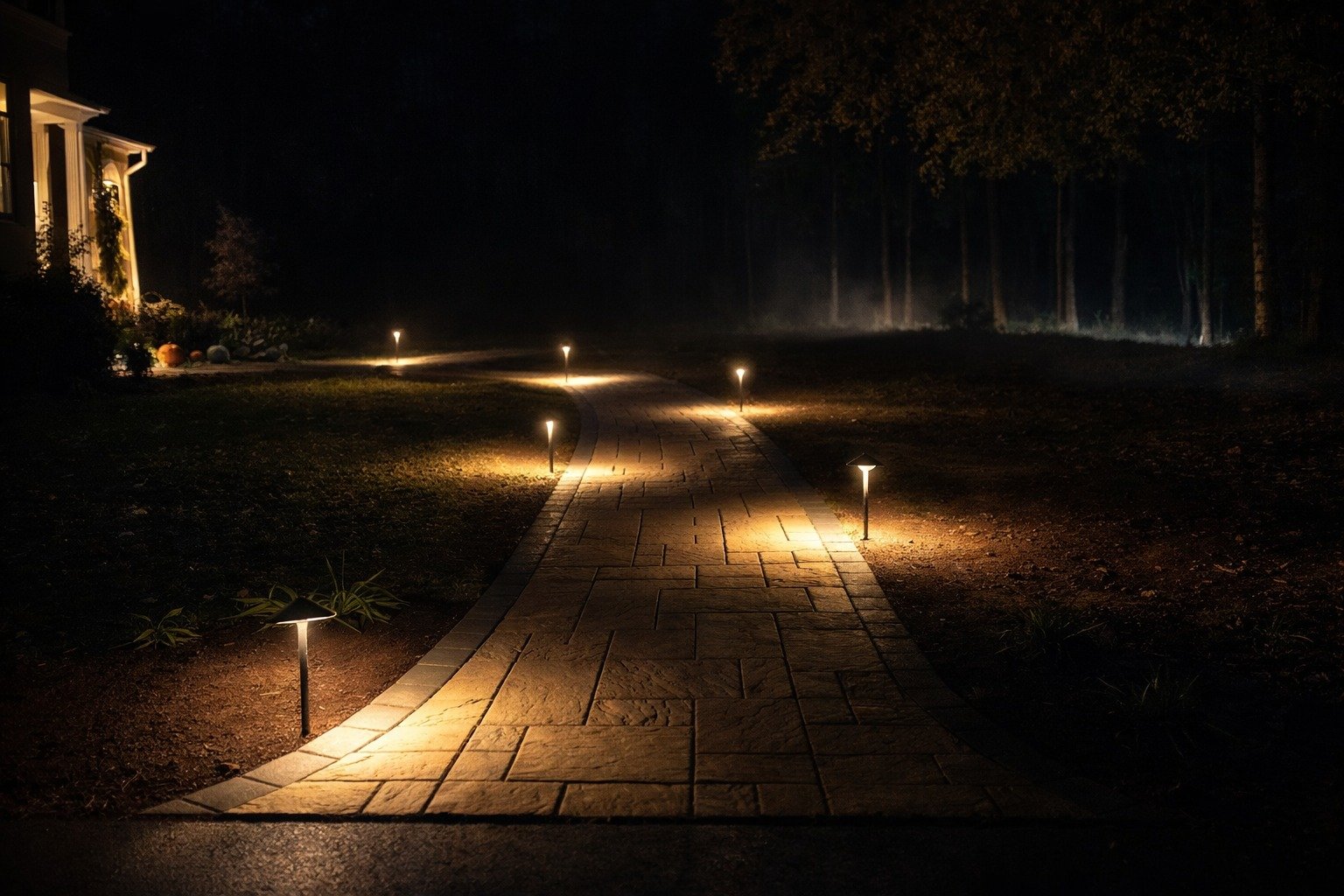 A curved stone pathway illuminated by small ground lights at night, leading towards a wooded area in the background with a house on the left side.