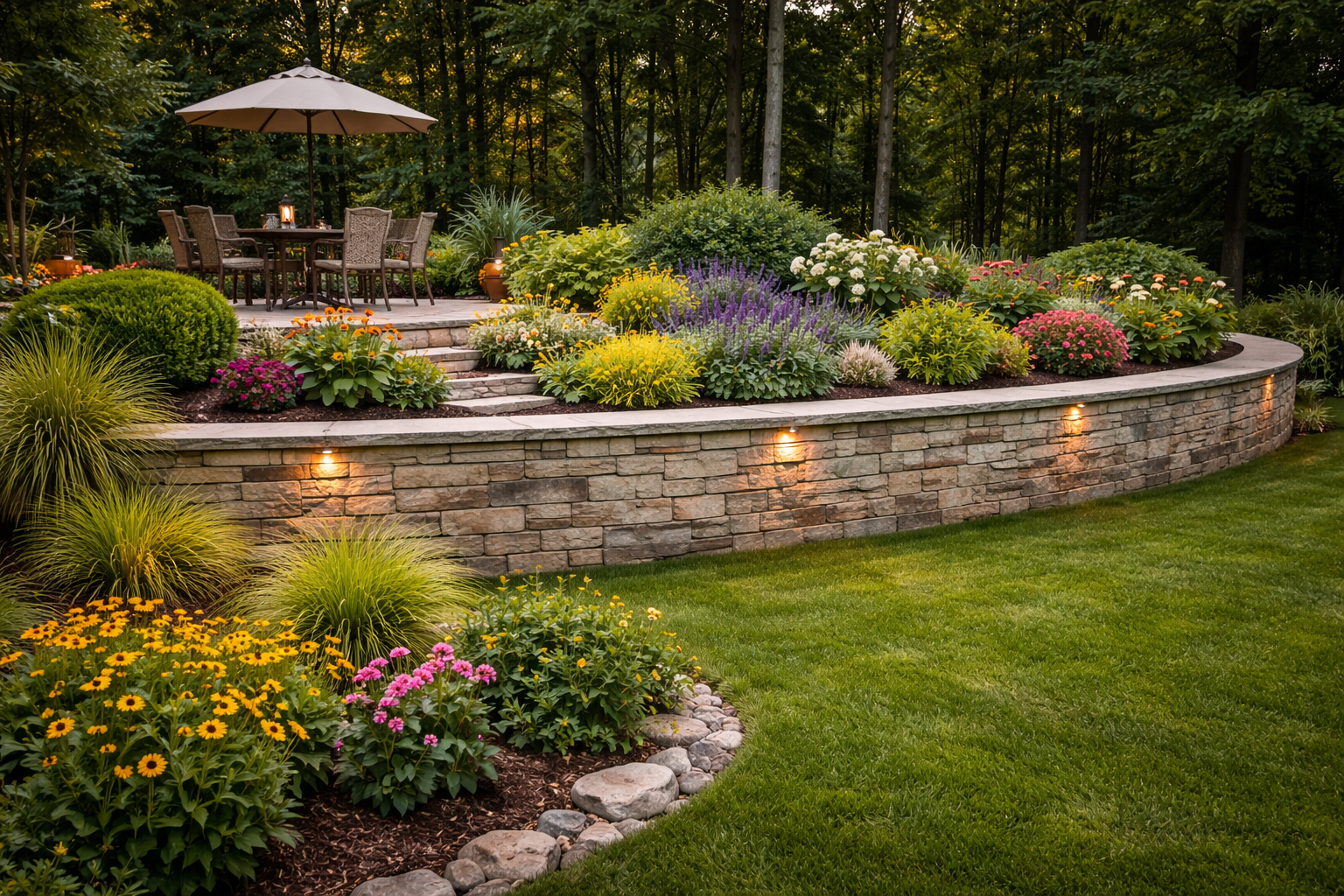 Beautiful backyard garden with a stone patio, outdoor dining table, chairs, and umbrella, surrounded by colorful flowers, lush green plants, and a well-maintained lawn