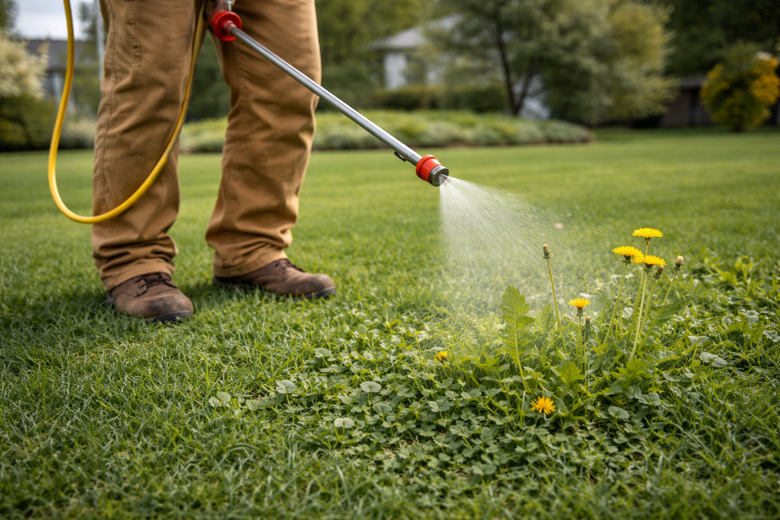 Person in brown pants and boots using a hose to spray water on yellow flowers in a green lawn.